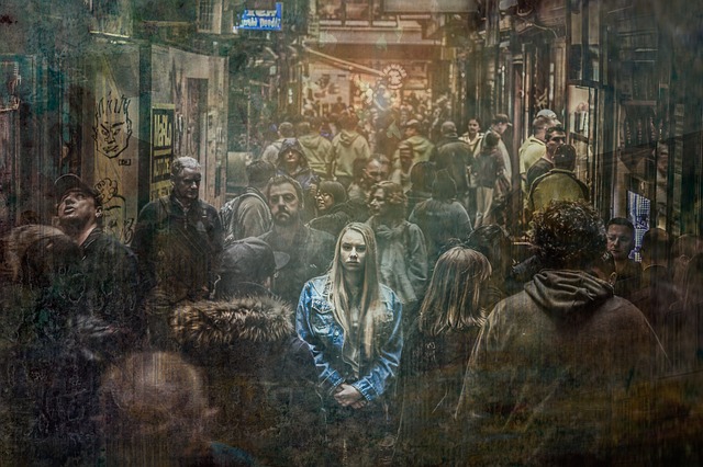 Graphic image of a girl standing alone in a crowded street.