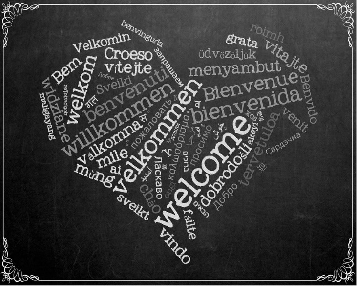 heart shape with welcome words in various languages